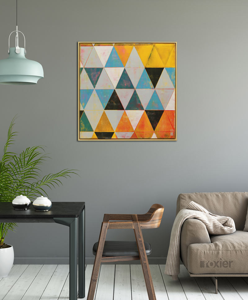 grijs blauw schilderij driehoek modern woonkamer kunst