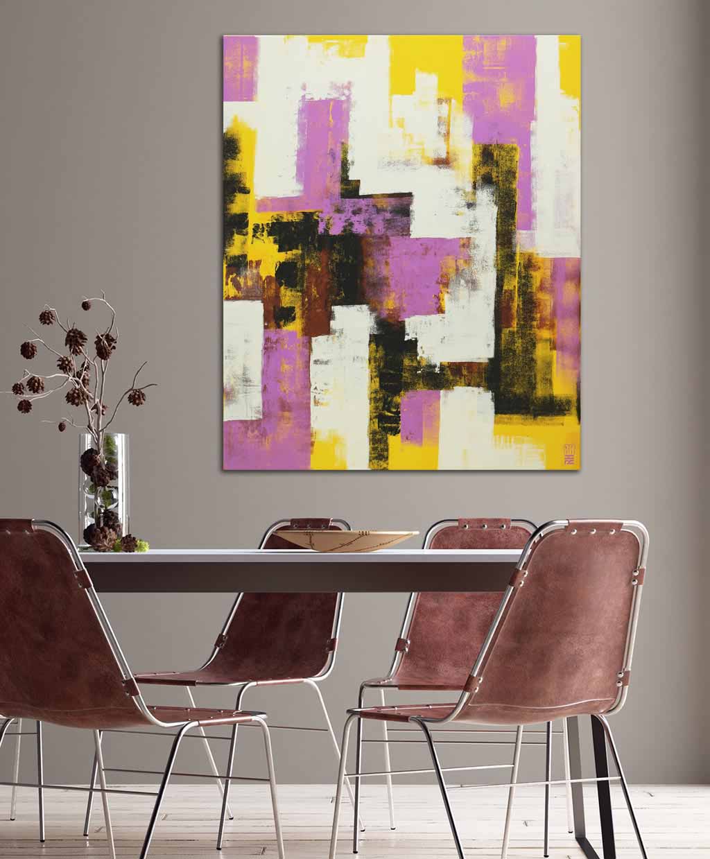 geel verticaal schilderij kopen modern abstract paars