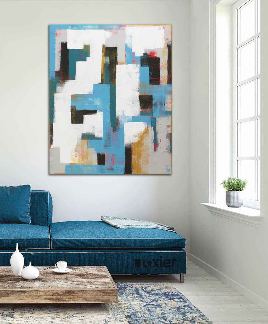 blauw verticaal canvas asbtract grijs schilderij kopen