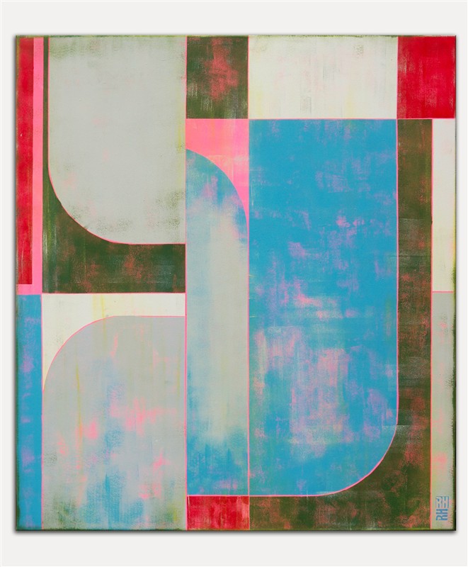 The Maze Blue and pink van Ronald Hunter – voorkant van het abstracte schilderij