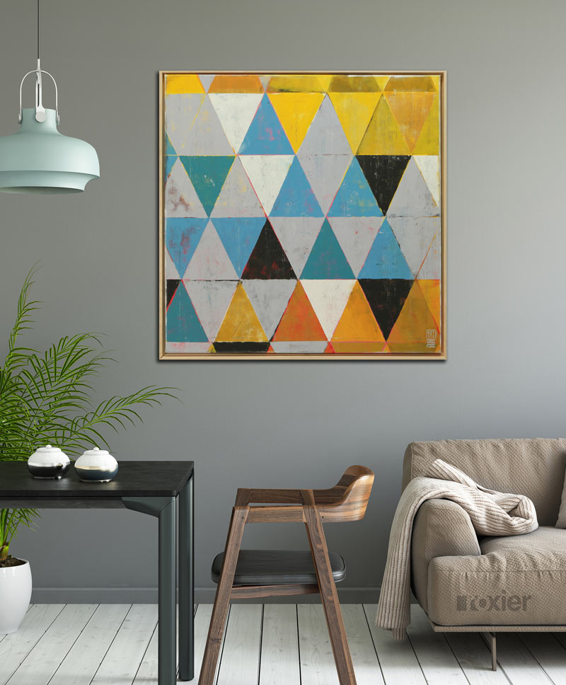 modern grijs blauw geel schilderij vierkant lijst ronald hunter