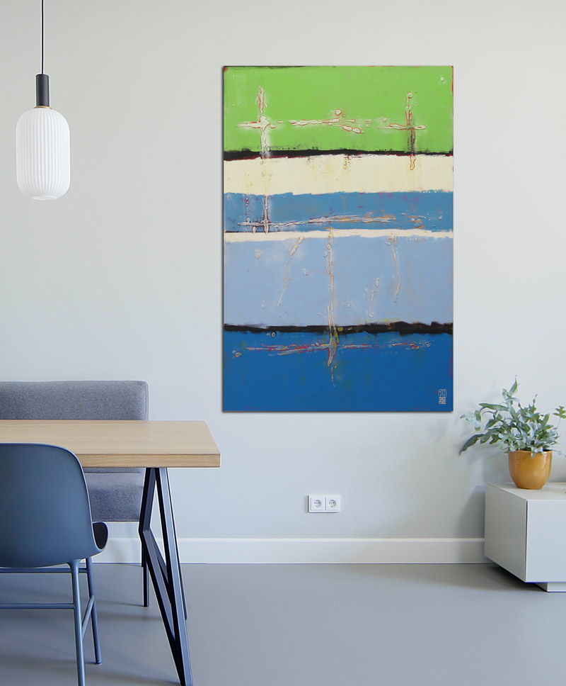 verticaal groen blauw abstract schilderij kunstwerk ronald hunter roxier verticaal blauw schilderij